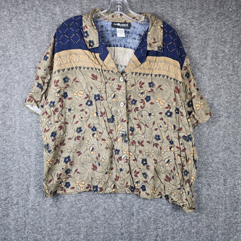 Sag Harbor Button Down Shirt Women 2X Tan Floral Geometric Mixed Print Rayon